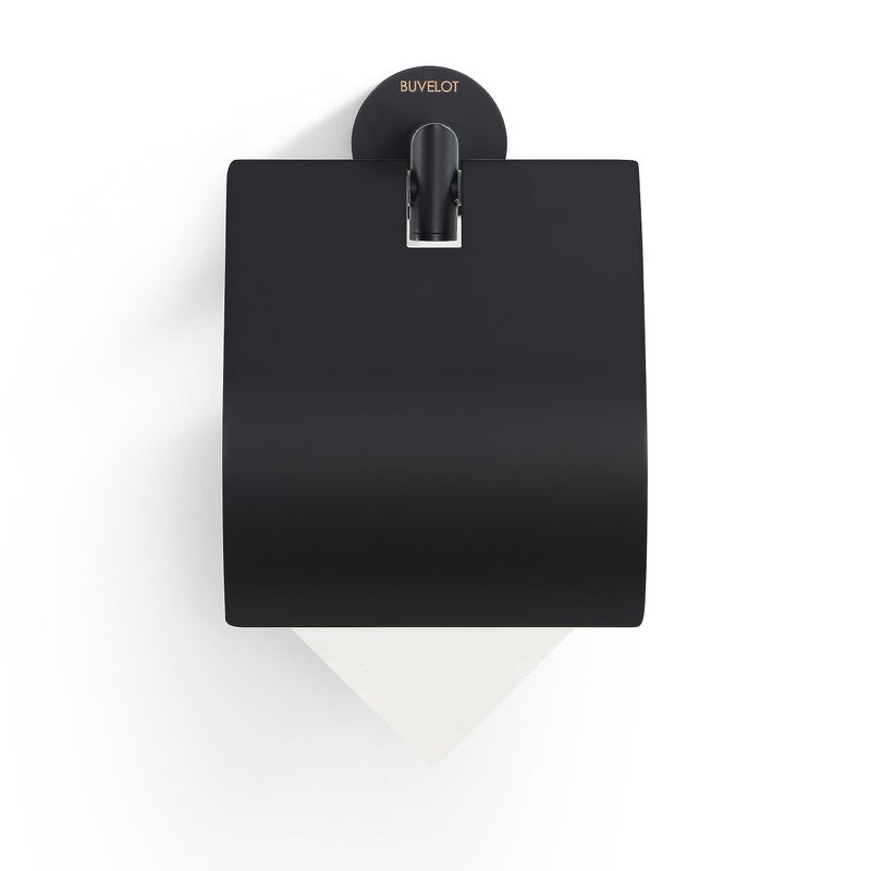 BUVELOT Toilet Paper Holder with Cover, Modern Toilet Roll Holder for Bathroom Wall Mounted, Matte Black, Brass, 077040-MB Leo Series - Image 5